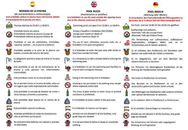 Normas de la piscina en español, inglés y alemán
