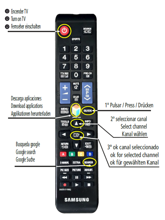 Mando a distancia de la Smart TV con instrucciones de uso